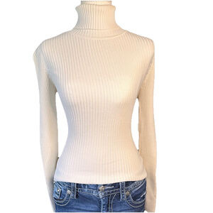 Caslon Women's Ivory Ribbed Turtleneck Pullover Sweater 100% Cotton Petite M